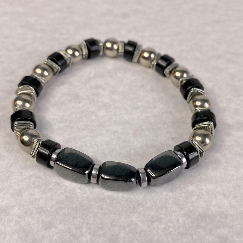 Hematite black stone silver stretch bracelet unisex